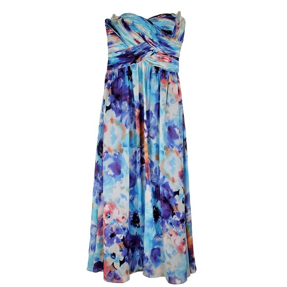 JS Boutique blue floral strapless chiffon gown Size Small Dopamine HOCO Artsy - Picture 2 of 13